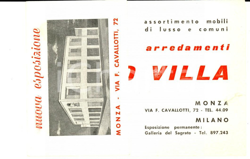 Cartolina originale da collezione 1950 ca MONZA Arredamenti Paolo VILLA  Mobili Biglietto pubblicitario 1