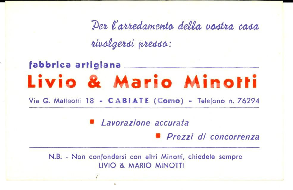 Cartolina originale da collezione 1950 ca CABIATE Ditta Livio & Mario MINOTTI Mobili Biglietto pubblicitario 1