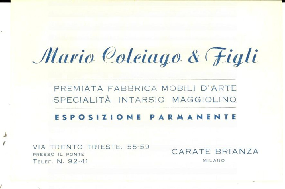 Cartolina originale da collezione 1950 ca CARATE BRIANZA Fabbrica mobili Mario COLCIAGO Biglietto pubblicitario 1