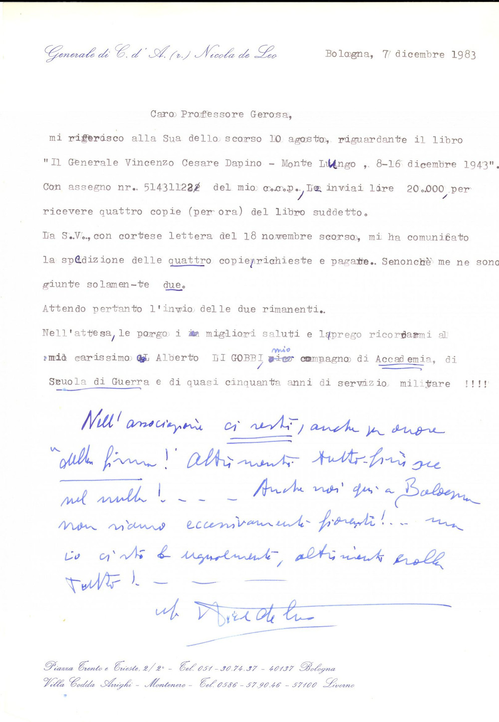 Autografo originale 1983 BOLOGNA Lettera gen. Nicola DE LEO per invio di un libro Autografo 1
