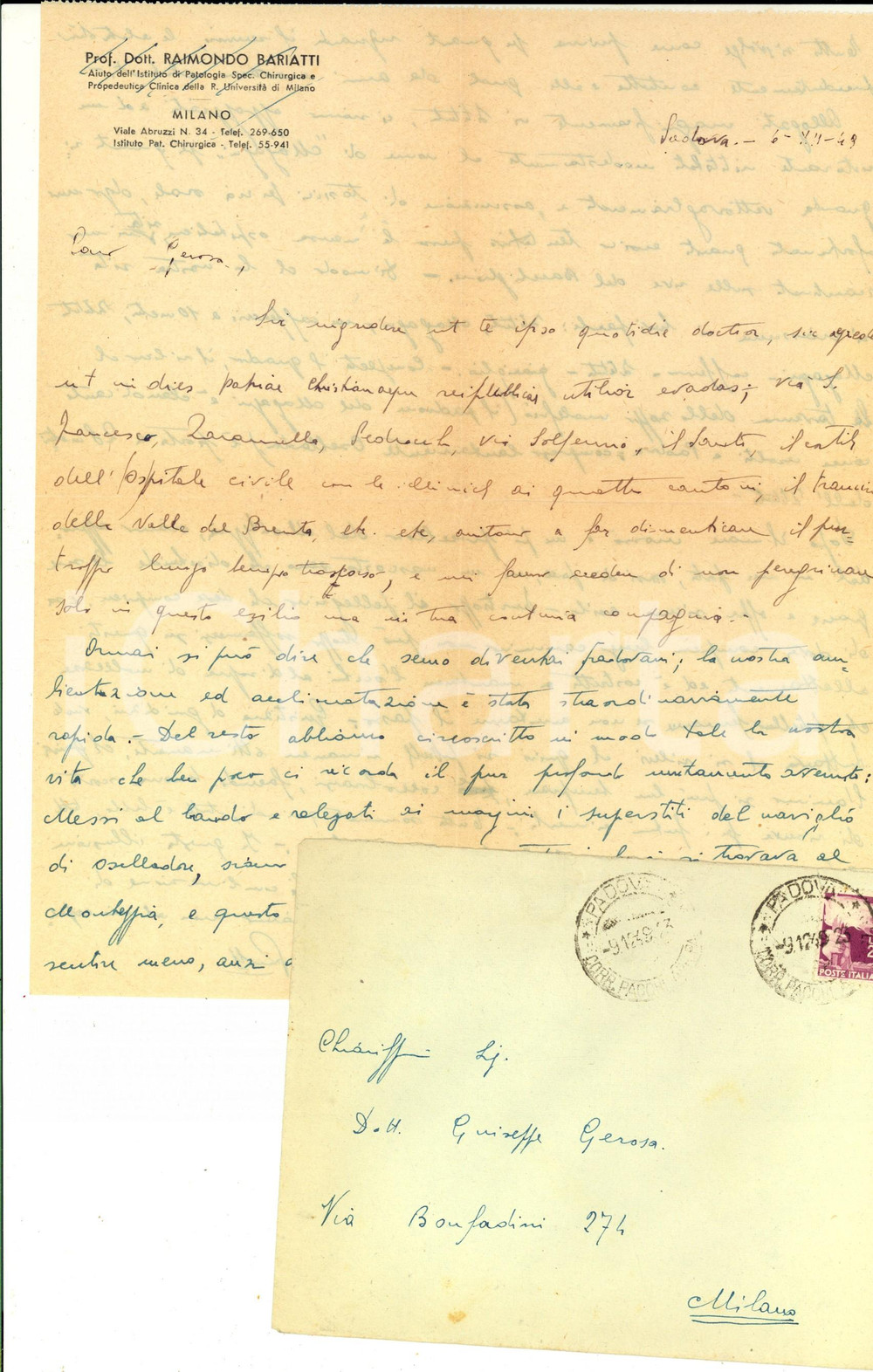 Manoscritto, lettera originale 1949 PADOVA Prof. Raimondo BARIATTI si sente ormai padovano Autografo 1