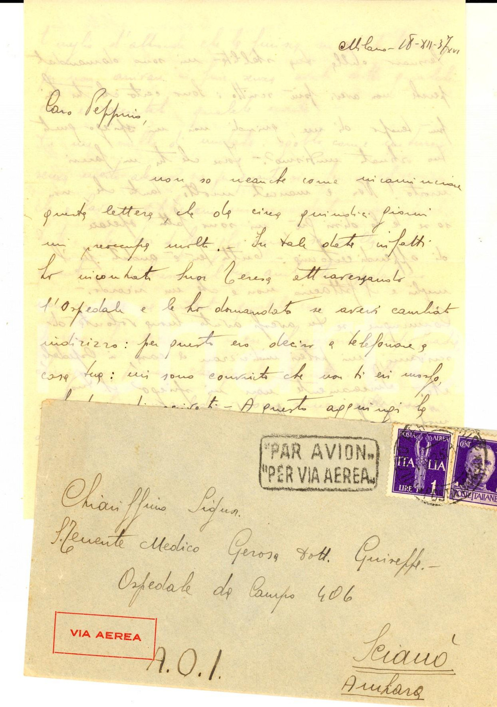 Manoscritto, lettera originale 1937 MILANO Raimondo BARIATTI sgobba senza merito Lettera VIA AEREA A.O.I. 1