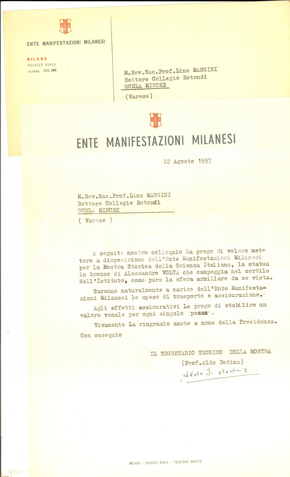 Manoscritto, lettera originale 1957 MILANO Ente Manifestazioni Milanesi  Lettera per prestito statua VOLTA 1