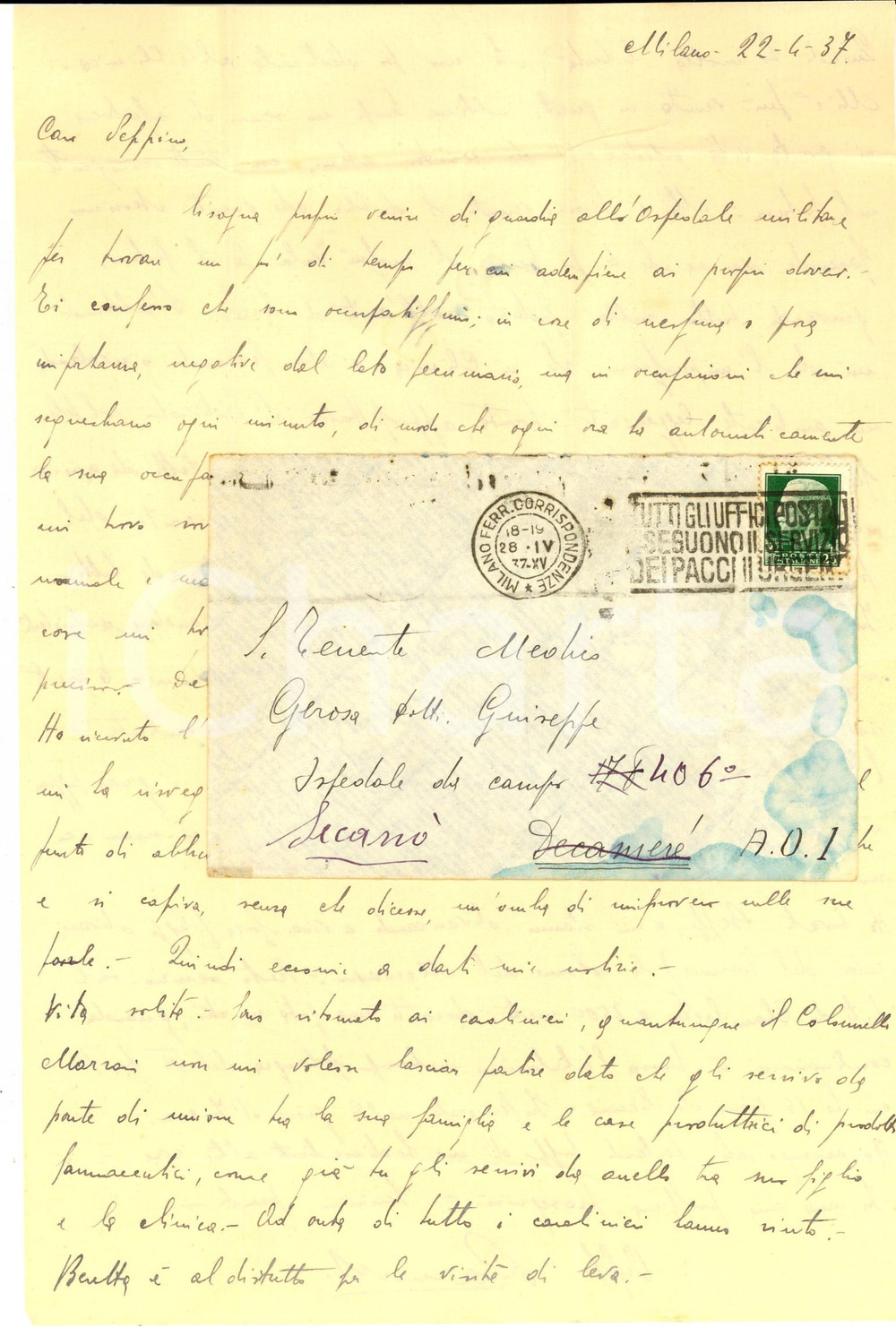 Manoscritto, lettera originale 1937 MILANO Raimondo BARIATTI di guardia all ospedale militare Lettera 1