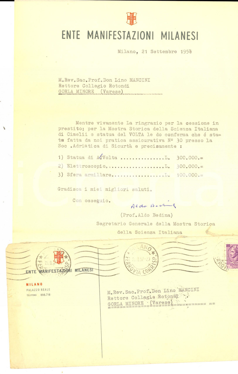 Manoscritto, lettera originale 1957 MILANO Ente Manifestazioni Milanesi  Ringraziamenti prestito statua VOLTA 1