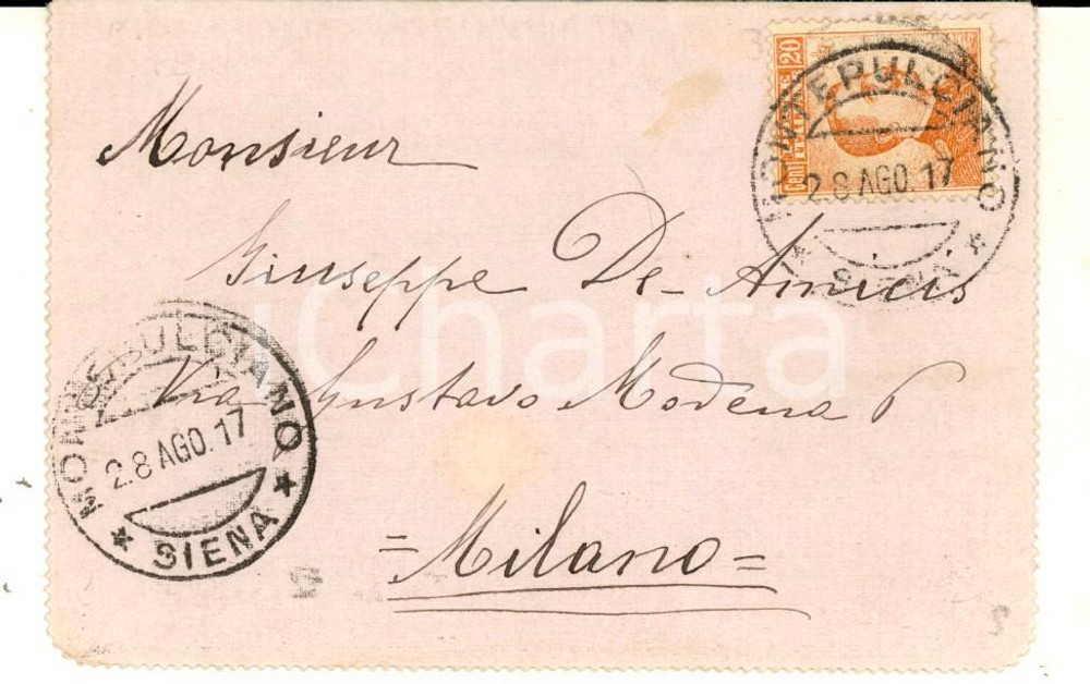 Manoscritto, lettera originale 1917 MONTEPULCIANO Rimproveri di famiglia a Giuseppe DE AMICIS Biglietto postale 1