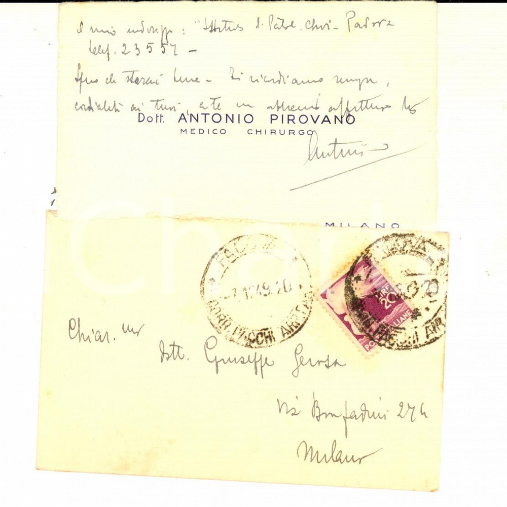 Manoscritto, lettera originale 1949 MILANO Biglietto da visita dott. Antonio PIROVANO Autografo 1