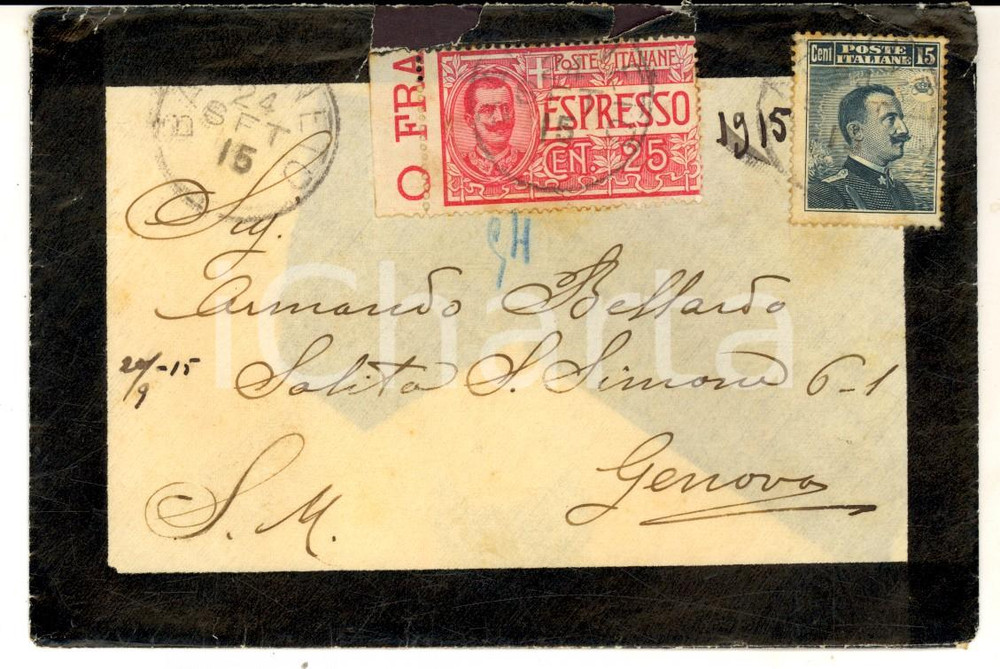 Cartolina originale da collezione 1915 STORIA POSTALE Busta Floreale Espresso cent. 25 + Michetti cent. 15 SIGILLO 1