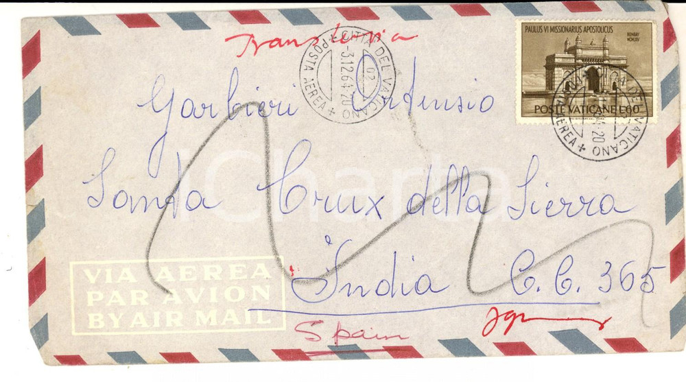 Cartolina originale da collezione 1964 STORIA POSTALE CITTA  DEL VATICANO Busta affrancata L. 60 Paulus VI Bombay 1
