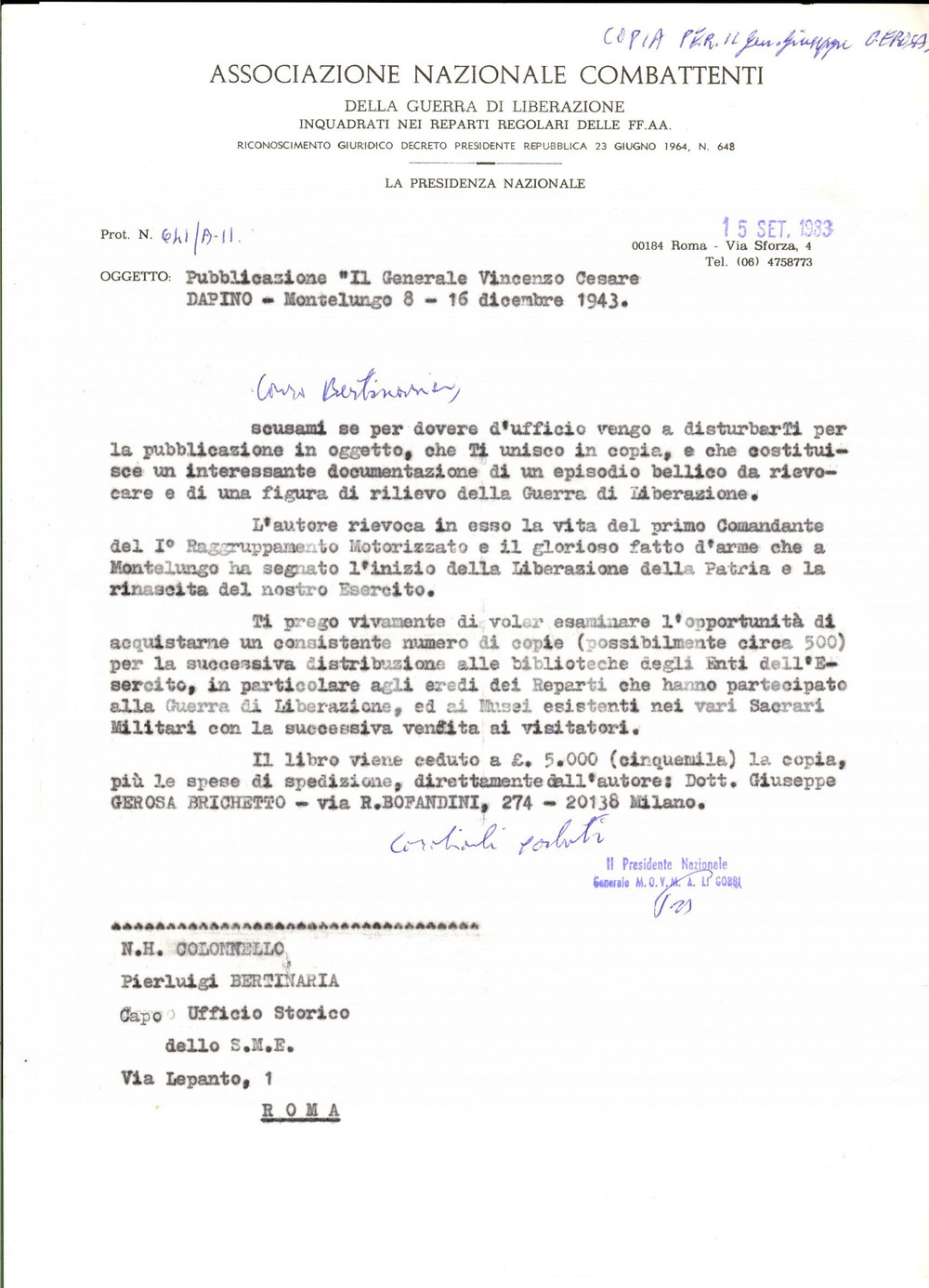Autografo originale 1983 ROMA Associazione Nazionale Combattenti  Lettera gen. Alberto LI GOBBI 1