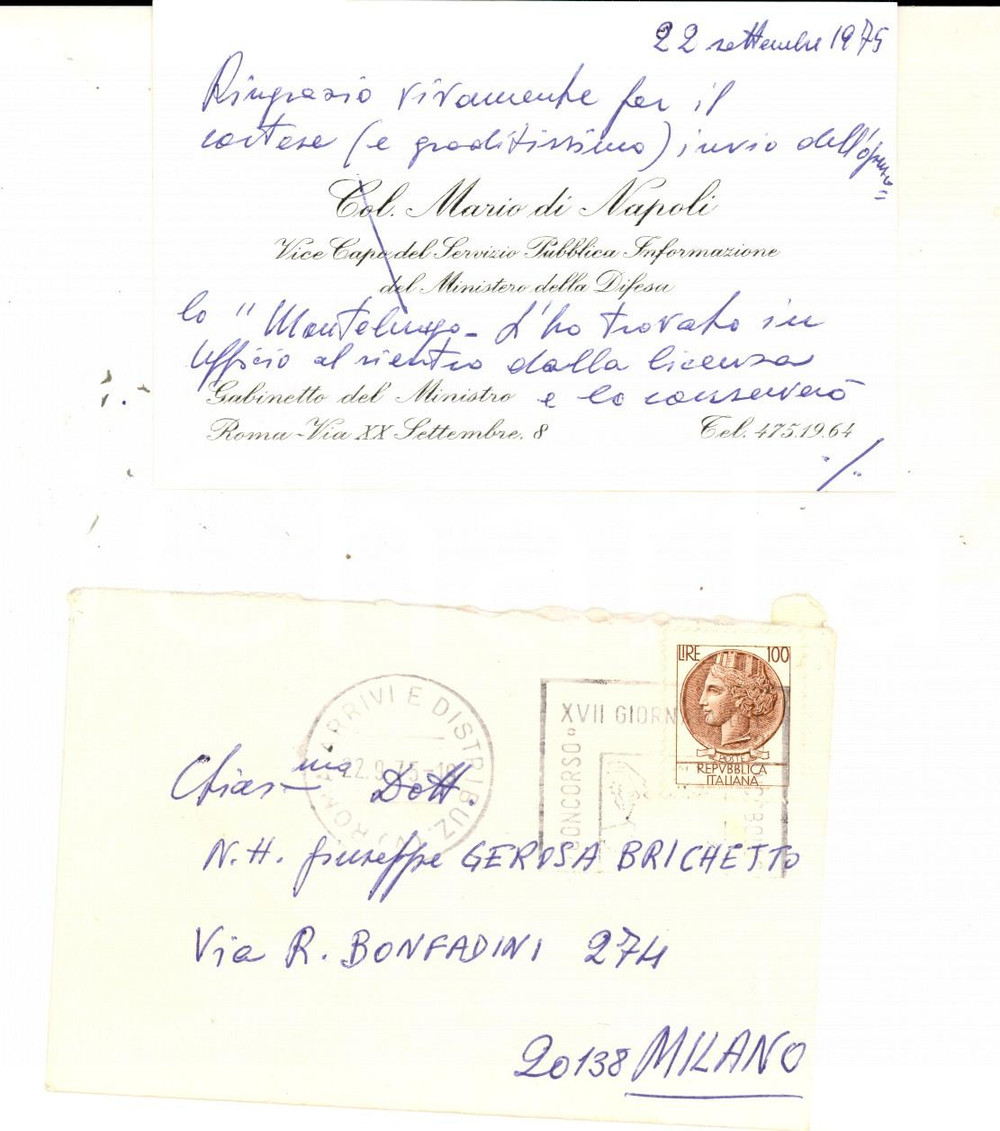 Oggetto da collezione cartaceo 1975 ROMA Col. Mario DI NAPOLI   Biglietto da visita AUTOGRAFO DANNEGGIATO 1