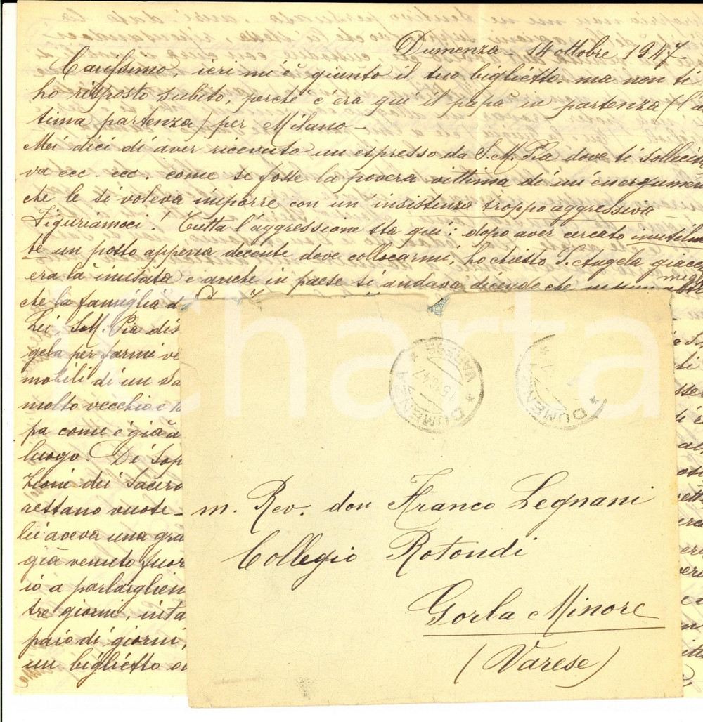 Manoscritto, lettera originale 1947 DUMENZA VA Lettera a don Franco LEGNANI dalla madre critica con le suore 1