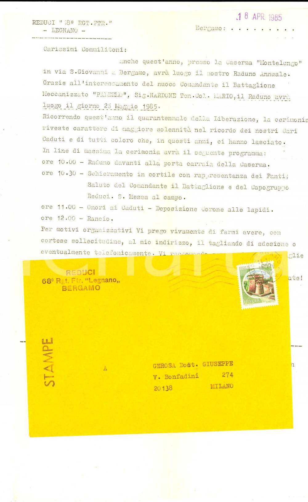 Manoscritto, lettera originale 1985 BERGAMO Raduno reduci 68Â°Reggimento Fanteria LEGNANO Programma 1