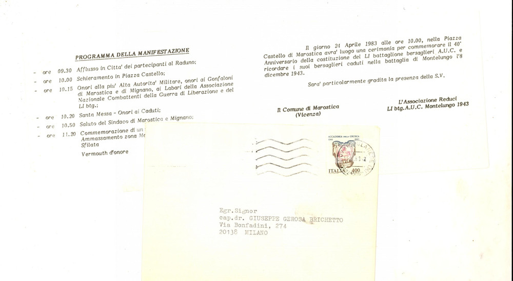 Manoscritto, lettera originale 1983 MAROSTICA Programma raduno commemorativo BERSAGLIERI caduti a MONTELUNGO 1