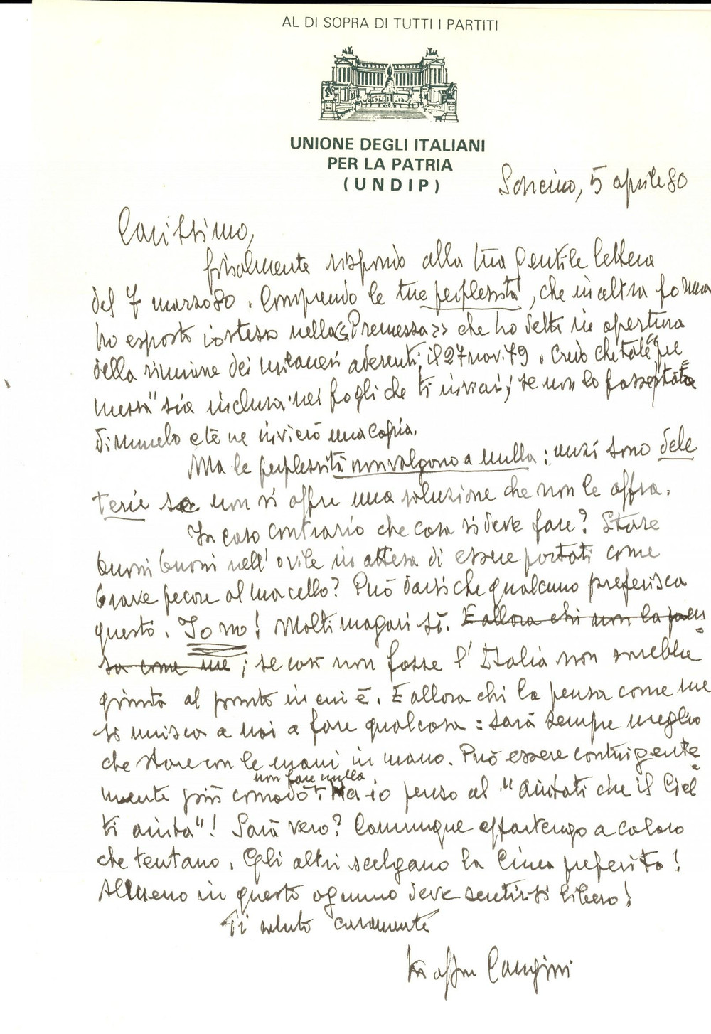 Manoscritto, lettera originale 1980 SONCINO Unione degli Italiani per la Patria  Lettera CANGINI a GEROSA 1