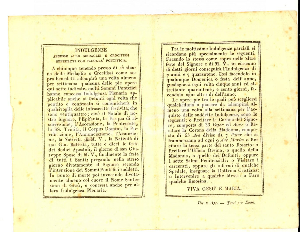 Documento originale, autentico 1840 ca STATO PONTIFICIO Indulgenze annesse a medaglie e crocifissi Volantino 1