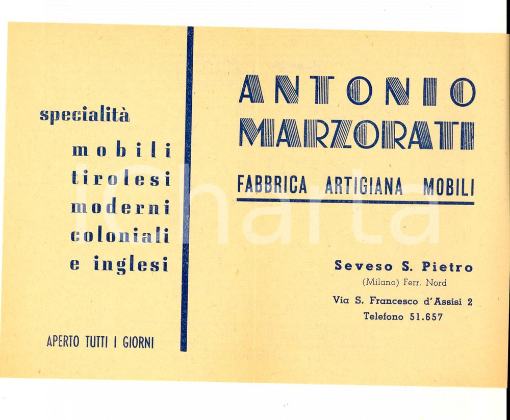 Cartolina originale da collezione 1950 ca SEVESO  SAN PIETRO Antonio MARZORATI Mobili Volantino pubblicitario 1