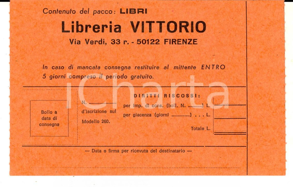 Cartolina originale da collezione 1950 ca STORIA POSTALE FIRENZE Bollettino spedizione pacco Libreria VITTORIO 1