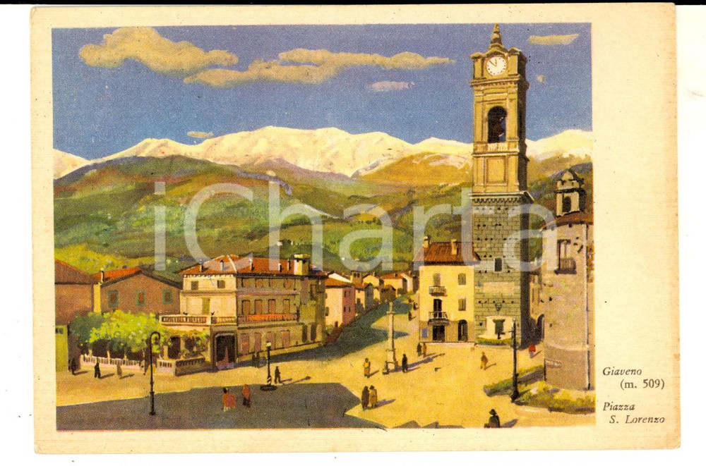 Cartolina originale da collezione 1950 GIAVENO Piazza SAN LORENZO Cartolina ILLUSTRATA FG VG 1