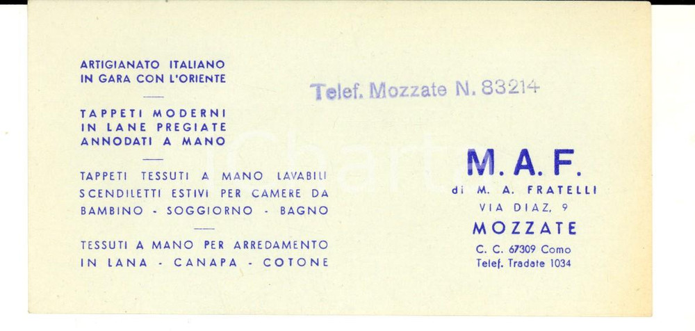 Cartolina originale da collezione 1950 ca MOZZATE Artigianato e tappeti M. A. FRATELLI Biglietto pubblicitario 1