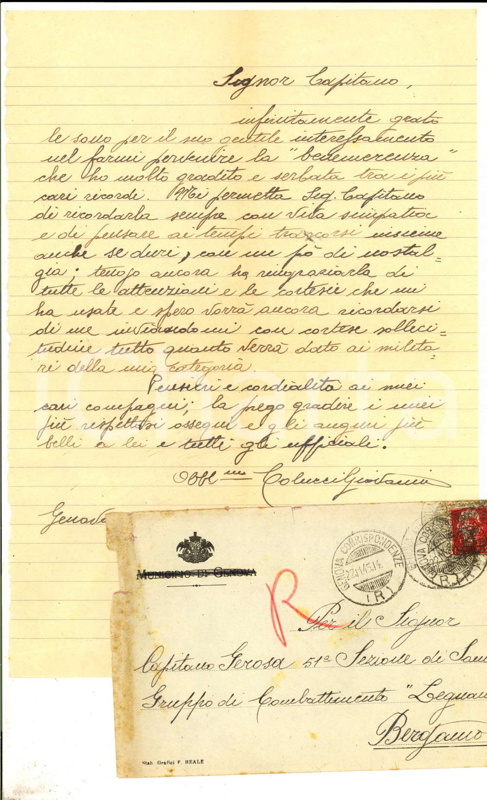 Manoscritto, lettera originale 1945 MUNICIPIO DI GENOVA Lettera cap. Giovanni COLUCCI per raccomandazione 1