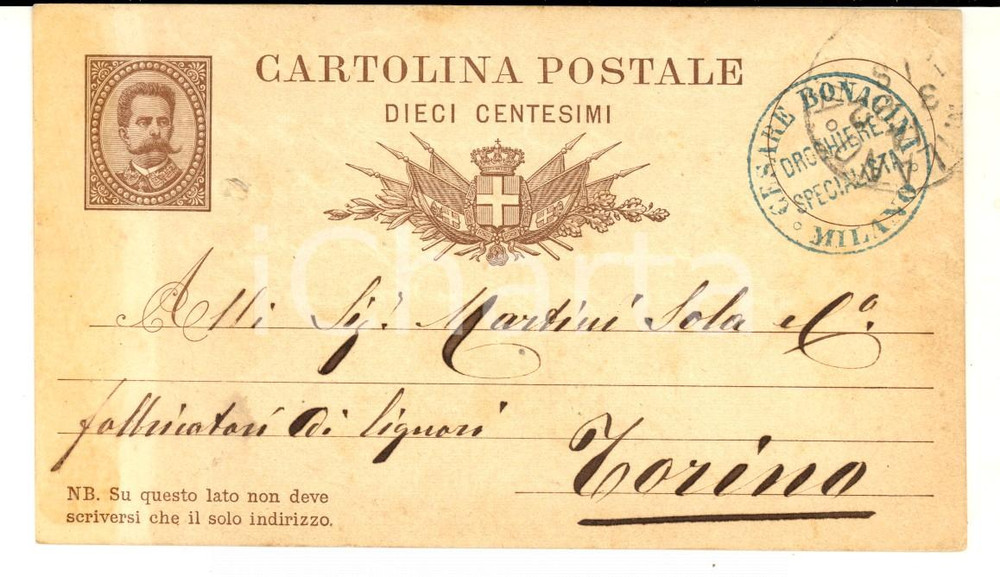 Documento originale, autentico 1882 MILANO Cesare BONACINA Droghiere specialista a MARTINI & ROSSI Cartolina 1
