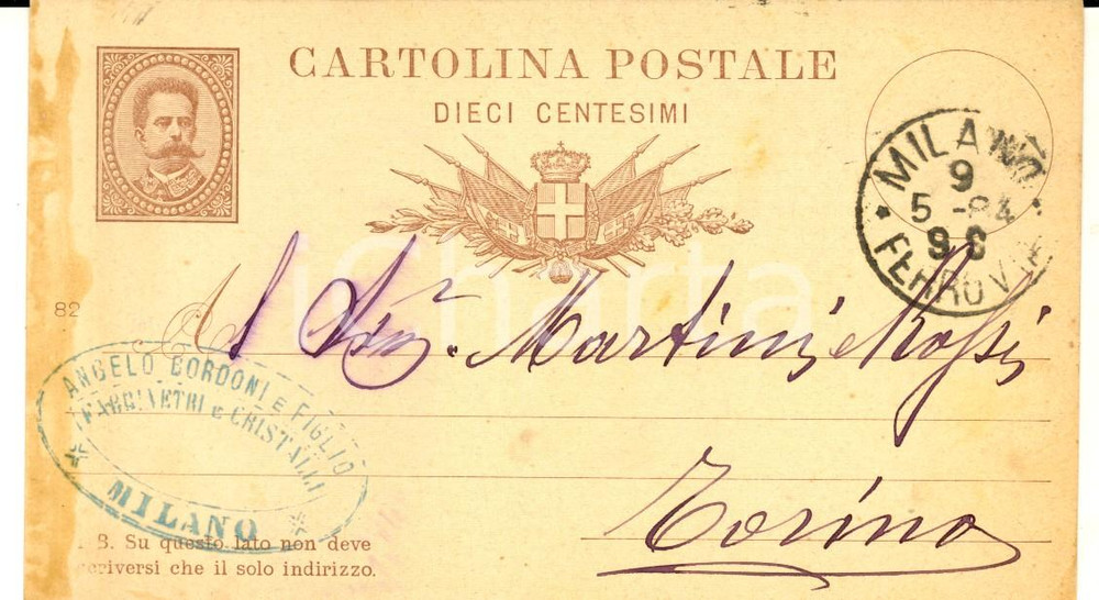 Documento originale, autentico 1884 MILANO Ditta Angelo BORDONI vetri e cristalli a MARTINI & ROSSI Cartolina 1