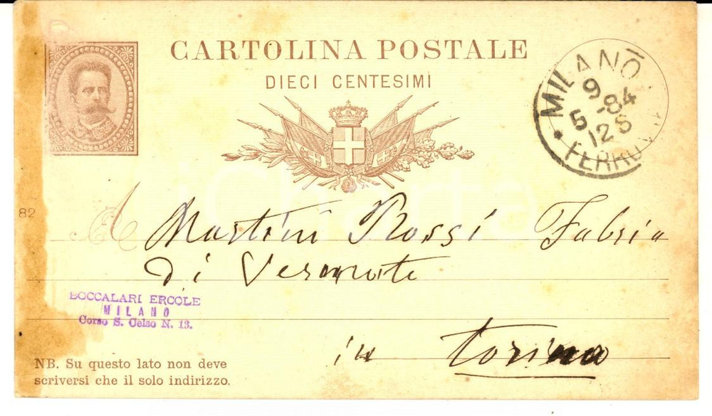 Documento originale, autentico 1884 MILANO Ercole BOCCALARI a MARTINI & ROSSI per fusto vermouth Cartolina 1