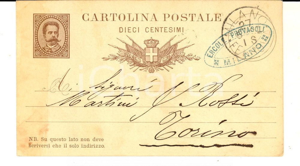 Documento originale, autentico 1882 MILANO Ercole PROVASOLI a MARTINI & ROSSI per fusti vuoti Cartolina 1