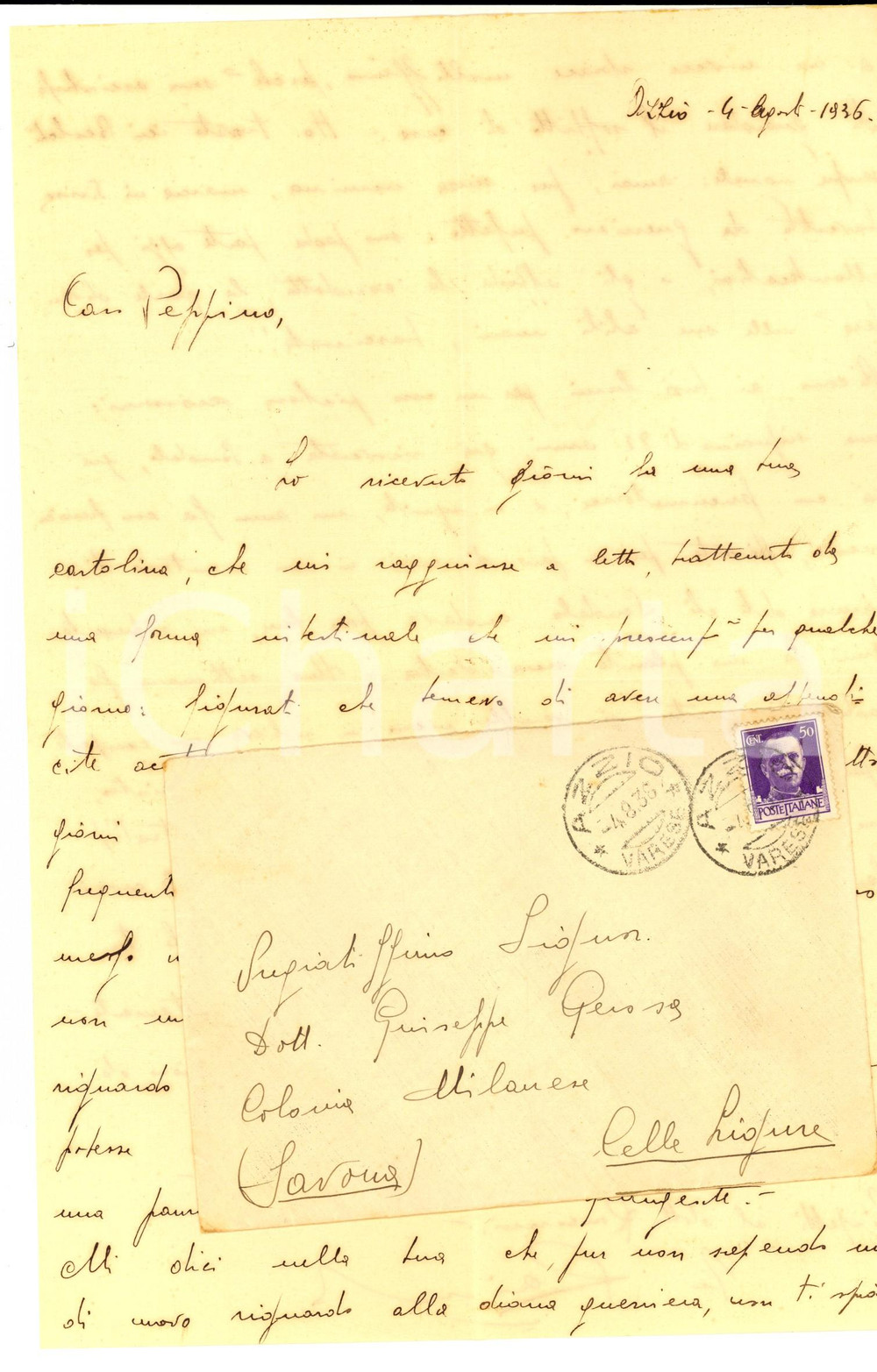 Manoscritto, lettera originale 1936 AZZIO VA Raimondo BARIATTI convalescente dopo uan malattia Autografo 1