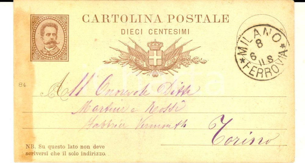Documento originale, autentico 1885 MILANO Ercole BOCCALARI a MARTINI & ROSSI per fusti vuoti Cartolina 1
