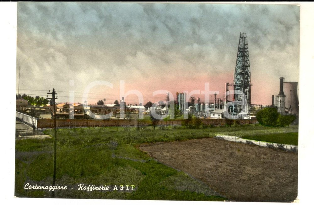 Cartolina originale da collezione 1957 CORTEMAGGIORE CR Veduta con le raffinerie AGIP  Cartolina postale FG VG 1