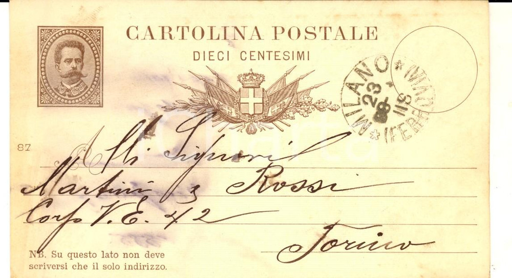 Documento originale, autentico 1888 MILANO Offelleria BIFFI a MARTINI & ROSSI per ordine Cartolina commerciale 1