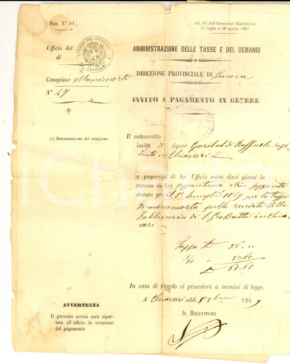 Documento originale, autentico 1869 CHIAVARI Avviso pagamento a Raffaele GARIBALDI pro Fabbriceria S. GIOVANNI 1