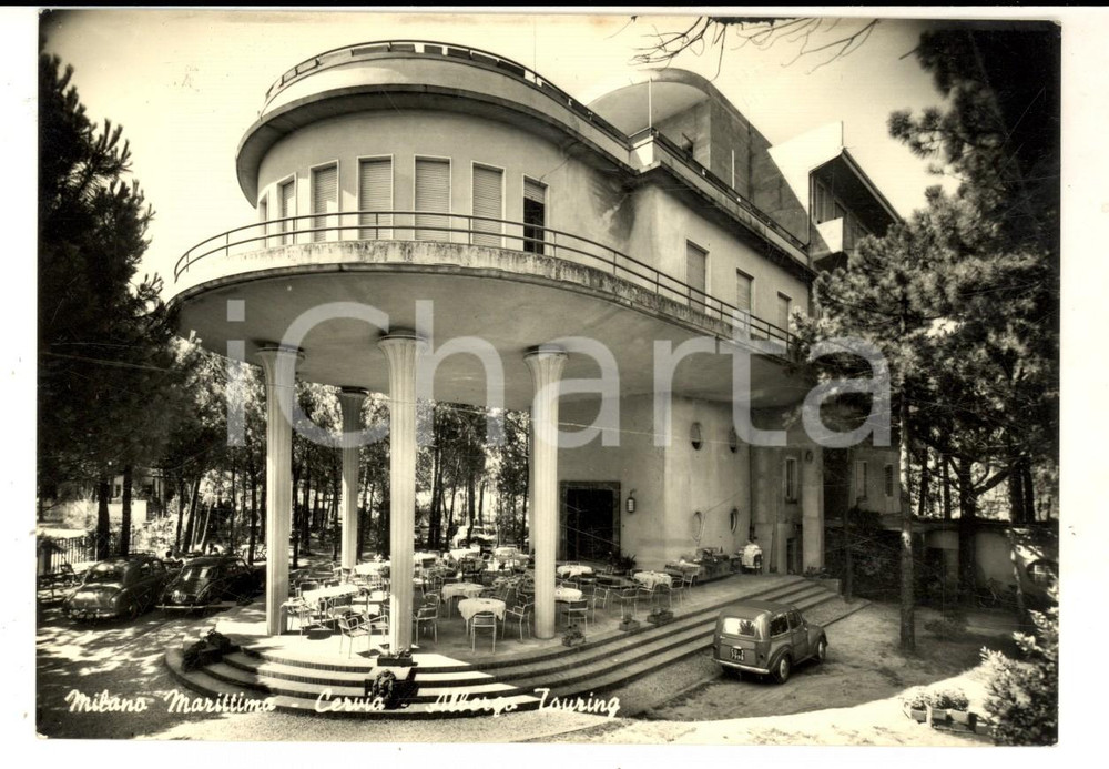 Cartolina originale da collezione 1957 MILANO MARITTIMA RA Facciata dell Albergo TOURING Cartolina auto FG 1