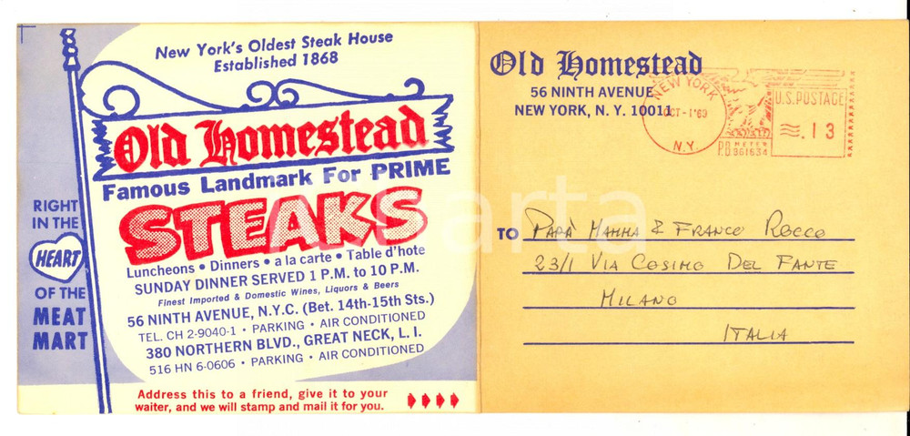 Oggetto da collezione cartaceo 1969 NEW YORK Steak House OLD HOMESTEAD Biglietto pubblicitario con menù 1