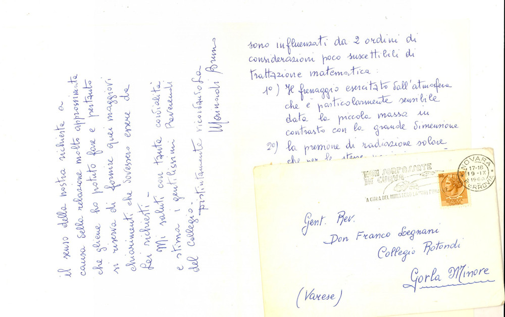 Manoscritto, lettera originale 1960 NOVARA Lettera prof. Bruno MAINARDI a don LEGNANI su passaggi di ECO 1