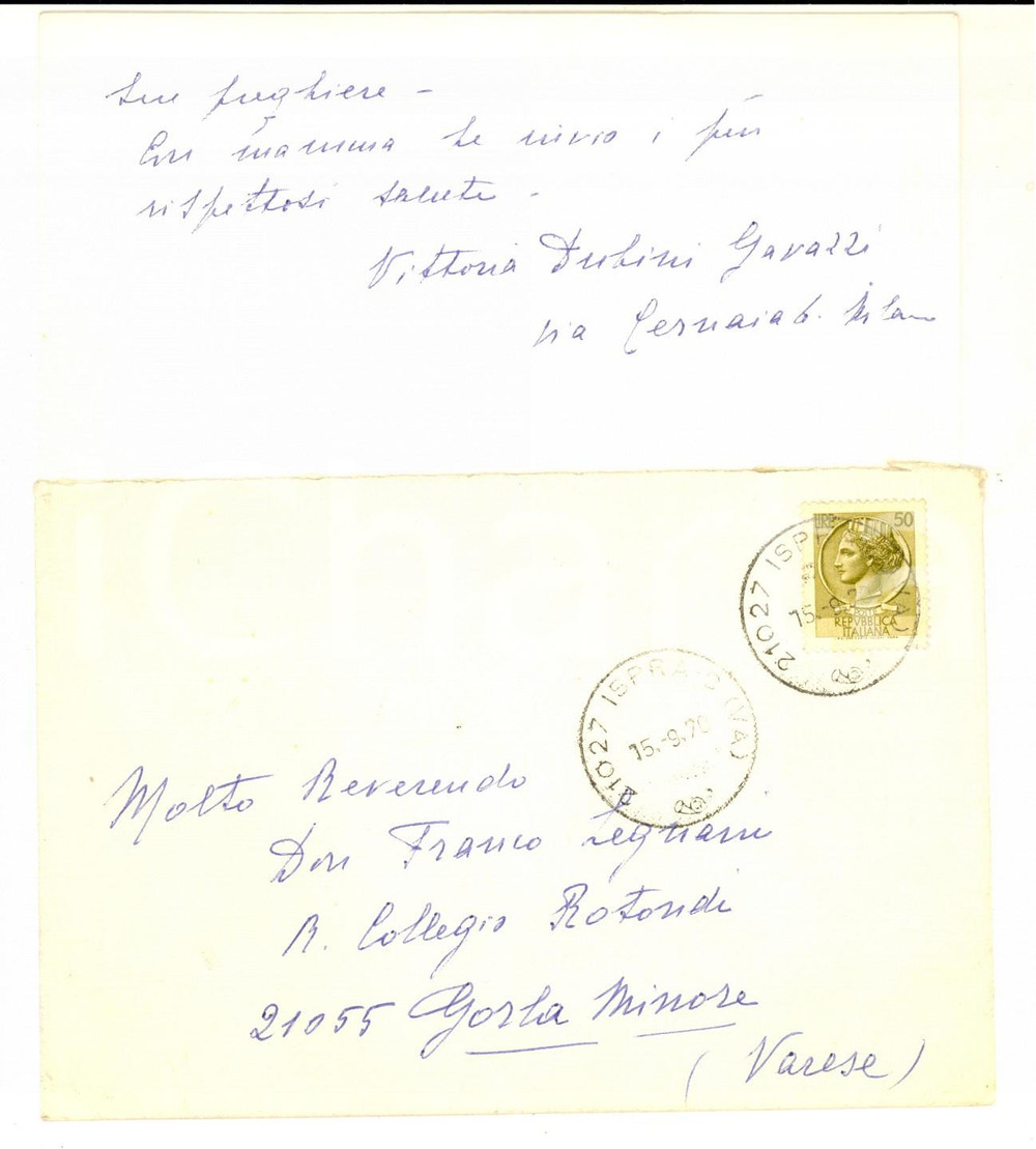 Manoscritto, lettera originale 1970 ISPRA VA Biglietto di ringraziamento Vittoria DUBINI GAVAZZI Autografo 1