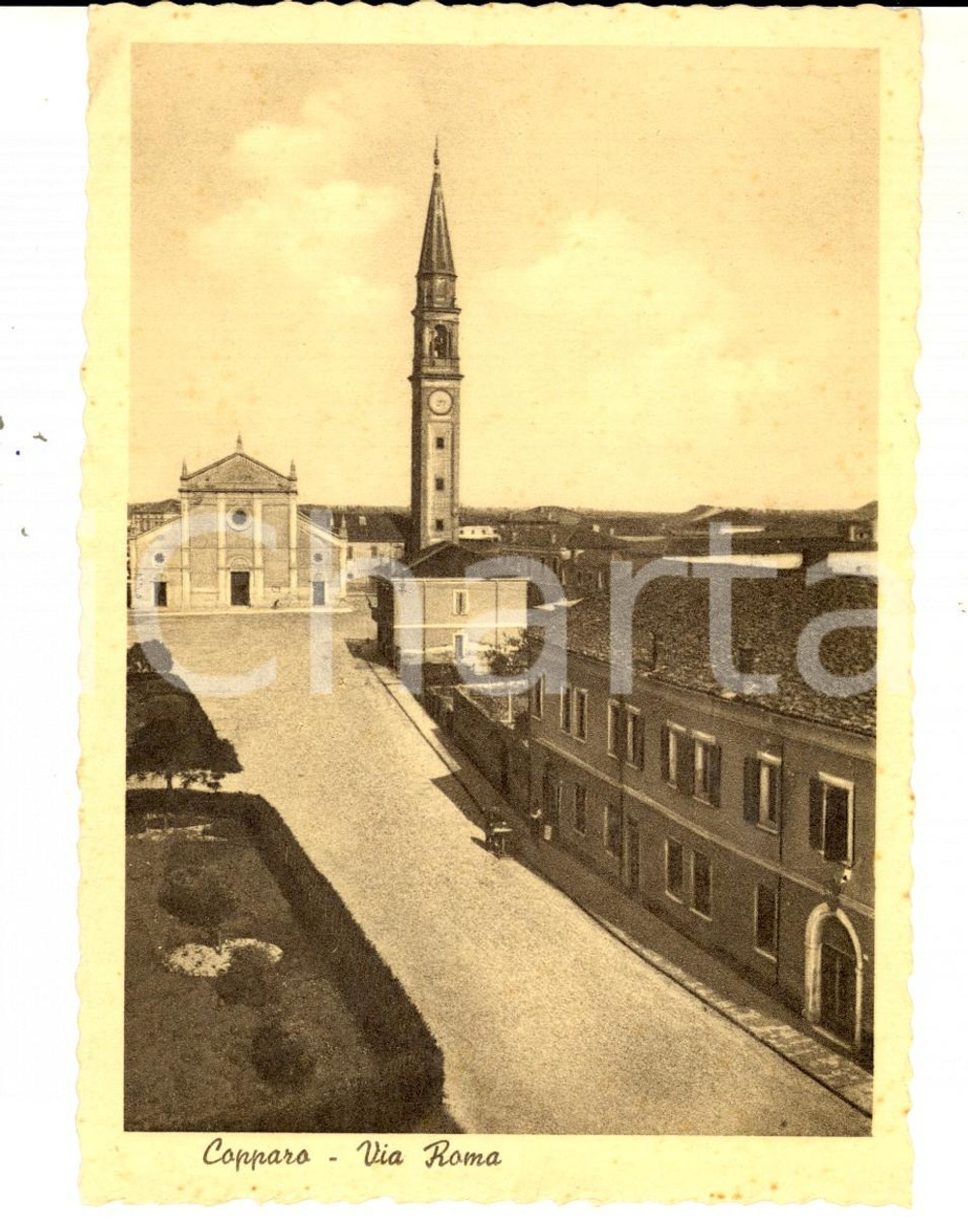 Cartolina originale da collezione 1940 ca COPPARO FE Via ROMA e Chiesa parrocchiale  Cartolina FG NV 1