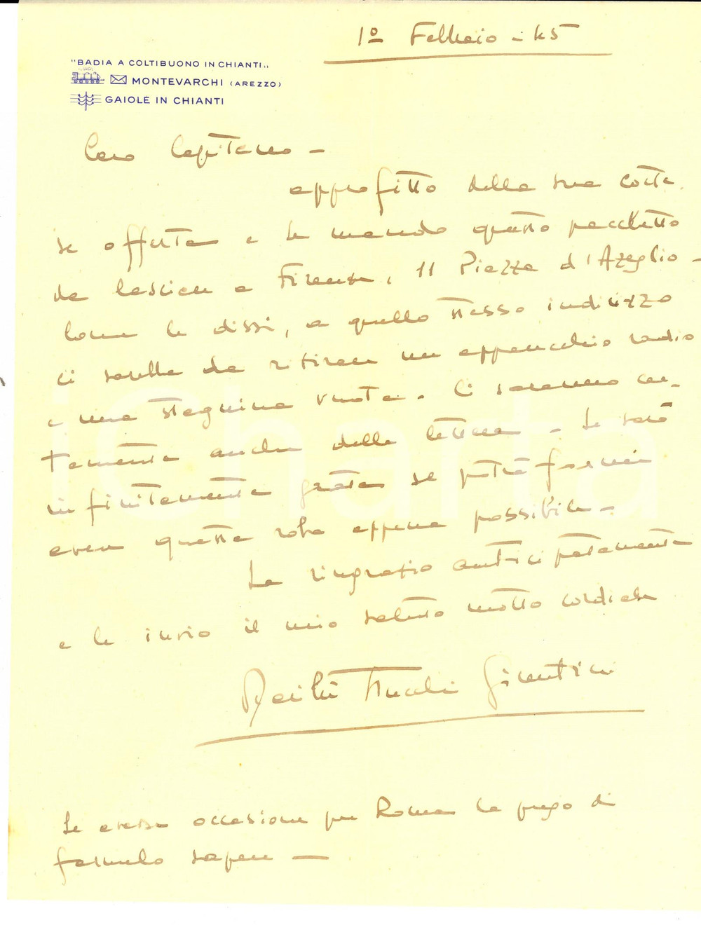 Manoscritto, lettera originale 1945 GAIOLE IN CHIANTI MarilÃ¹ STUCCHI GIUNTINI chiede consegna di un pacchetto 1