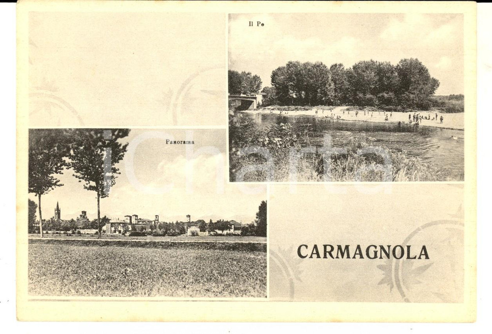 Cartolina originale da collezione 1950 ca CARMAGNOLA TO Vedutine con il Po e il centro Cartolina ANIMATA FG VG 1