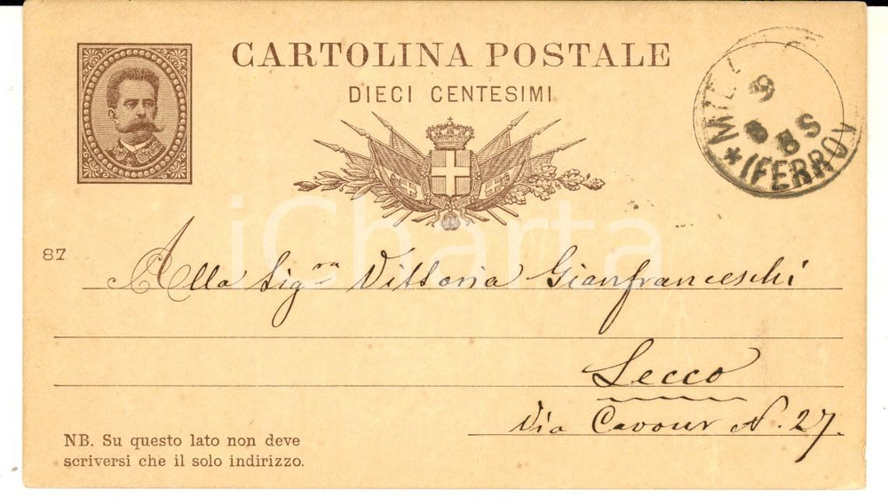 Cartolina originale da collezione 1887 MILANO Cav. Giuseppe GIANFRANCESCHI alla moglie Vittoria Cartolina postale 1