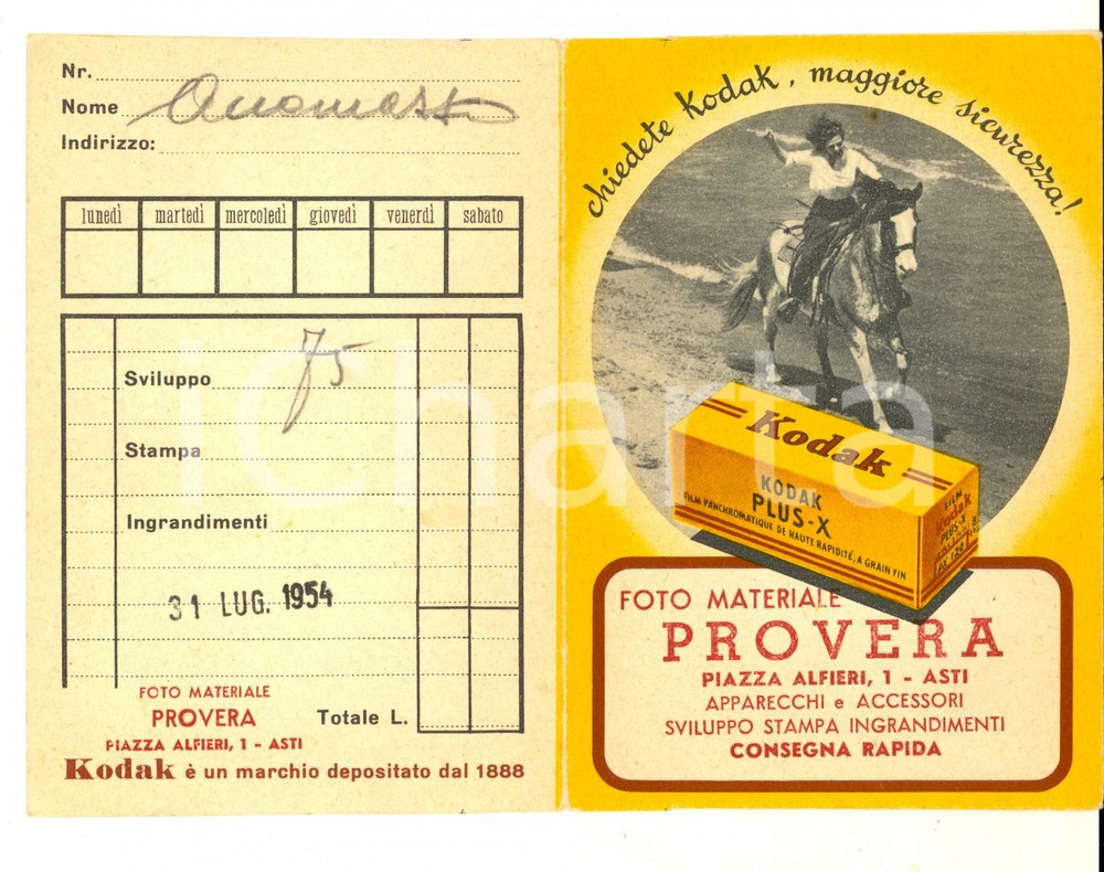 Materiale pubblicitario d’epoca 1954 ASTI Portafoto ditta PROVERA  Pubblicitario KODAK PLUSX 1