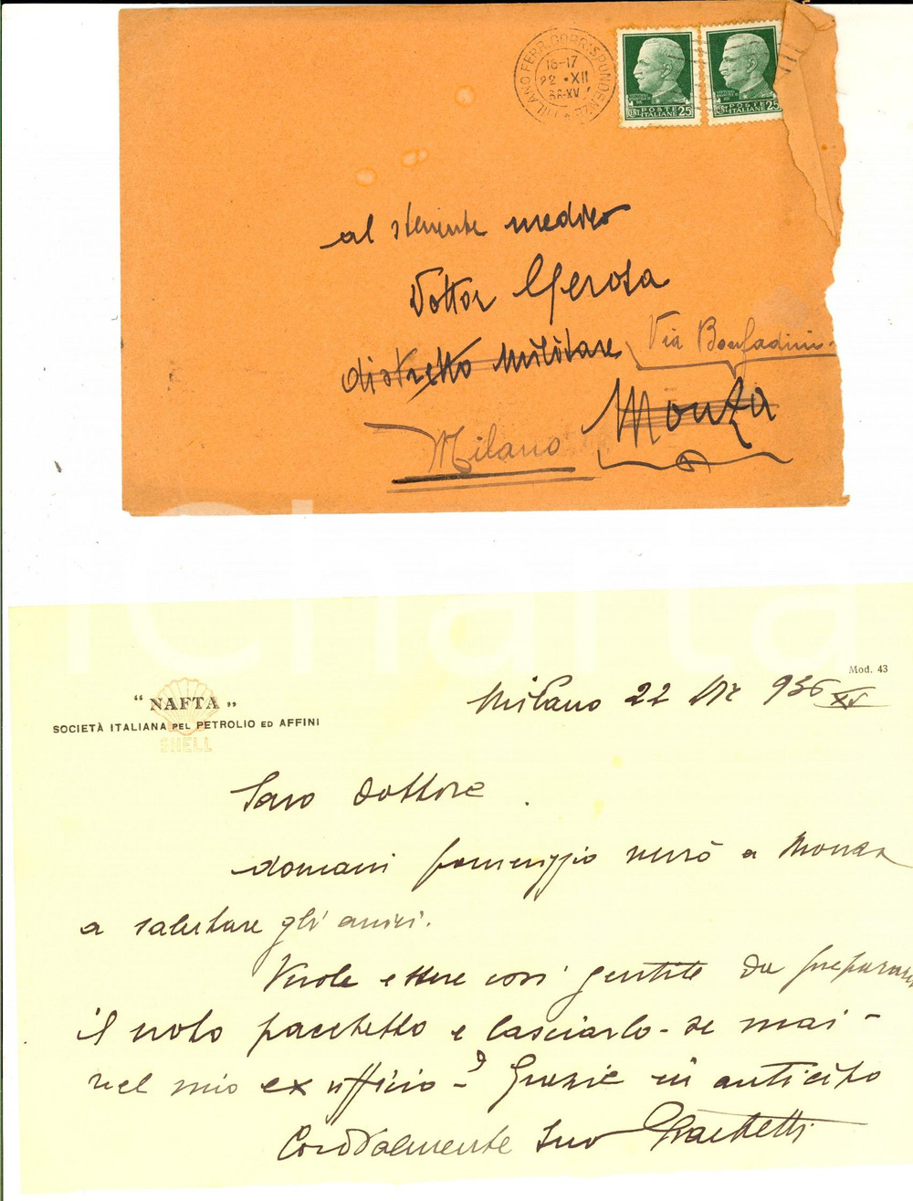 Documento originale, autentico 1936 MILANO NAFTA Società Italiana Petrolio SHELL  Lettera GIACHETTO per pacco 1