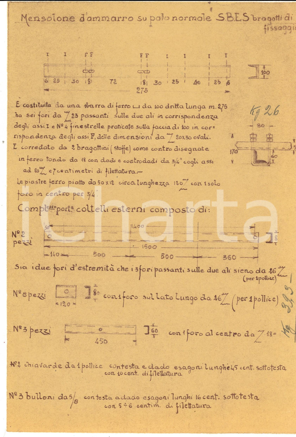 Documento originale, autentico 1930 ca MILANO Scuola Ingegneria  Mensolone d ammarro su palo Scheda 1