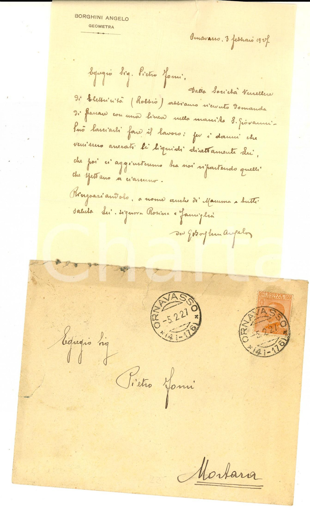 Documento originale, autentico 1927 ORNAVASSO Lettera geom. Angelo BORGHINI su lavoro marcita SAN GIOVANNI 1