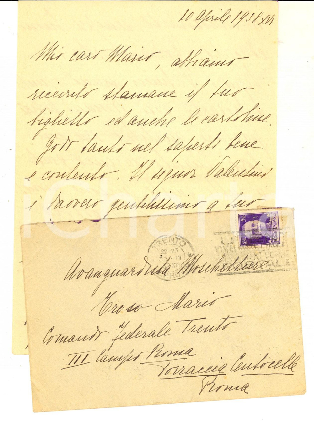 Manoscritto, lettera originale 1938 TRENTO Lettera a Mario TROSO avanguardista moschettiere CAMPO ROMA 1