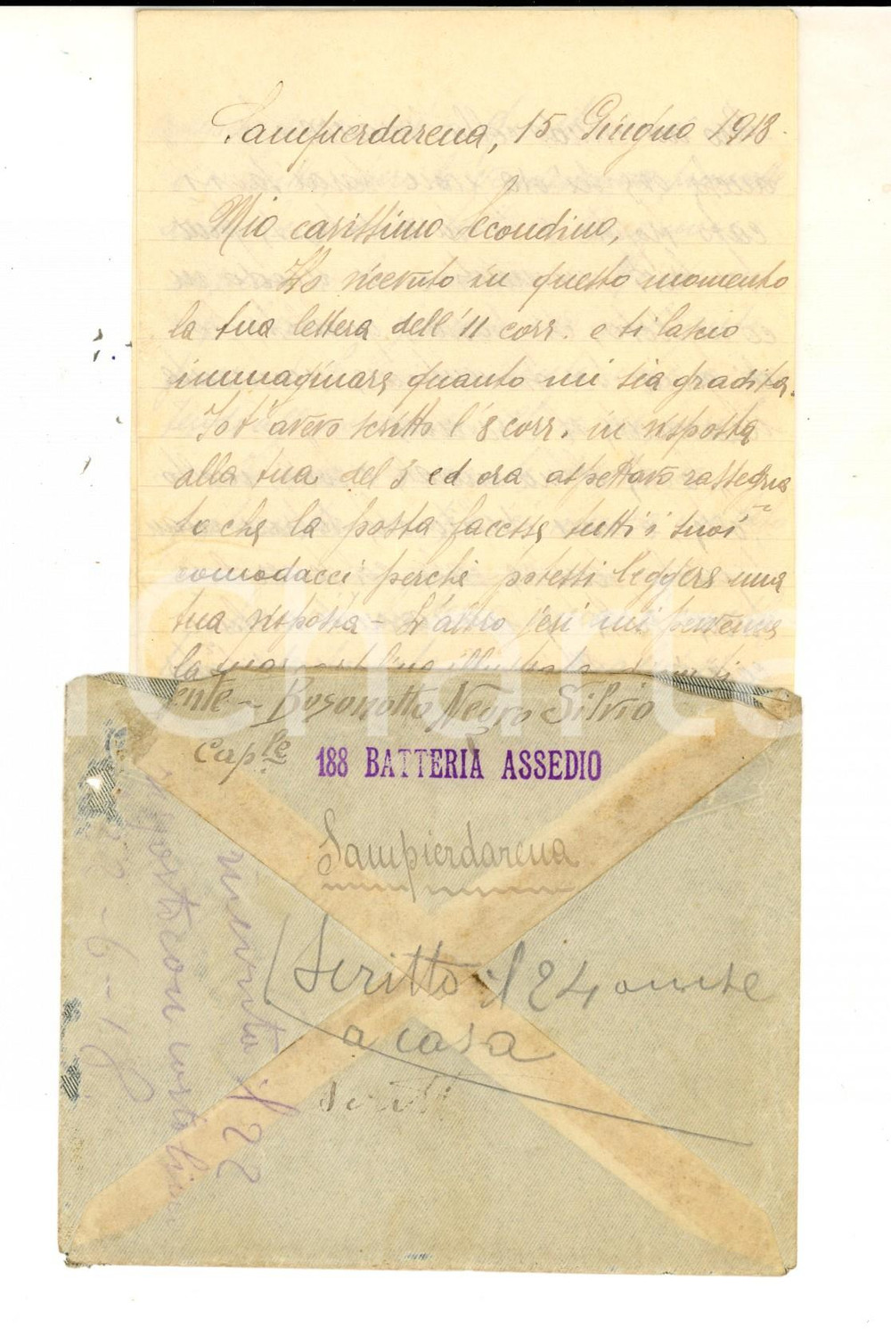 Manoscritto, lettera originale 1918 WW1 GENOVA Lettera Silvio BOSONOTTO NEGRO 188 Batteria Assedio 1