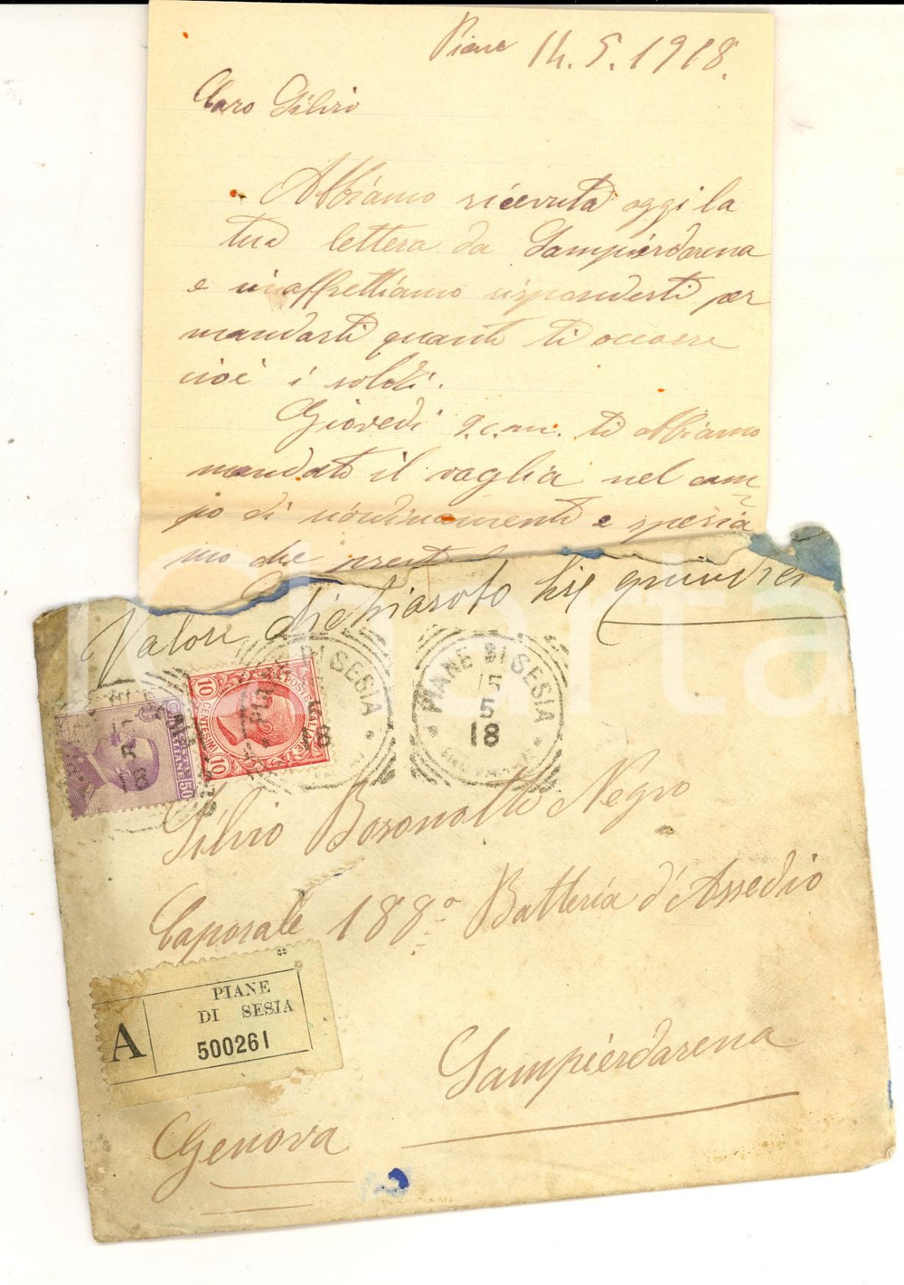 Manoscritto, lettera originale 1918 STORIA POSTALE WW1 PIANE DI SESIA Lettera BOSONOTTO NEGRO Valore dichiarato 1