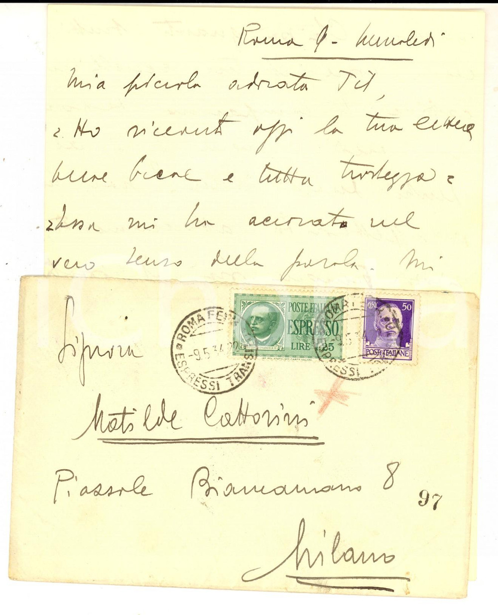 Documento originale, autentico 1934 STORIA POSTALE ROMA Lettera Ugo CATTORINI Espresso 1,25 + cent. 50 1